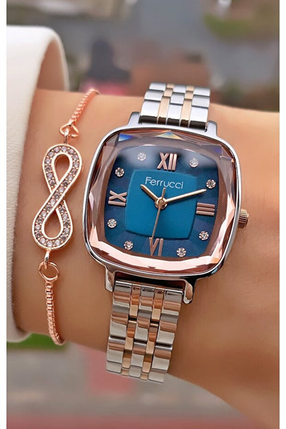 Montre femme Ferrucci , bracelet en acier et verre cristal doré rose