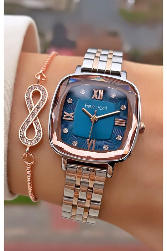 Montre femme Ferrucci , bracelet en acier et verre cristal doré rose