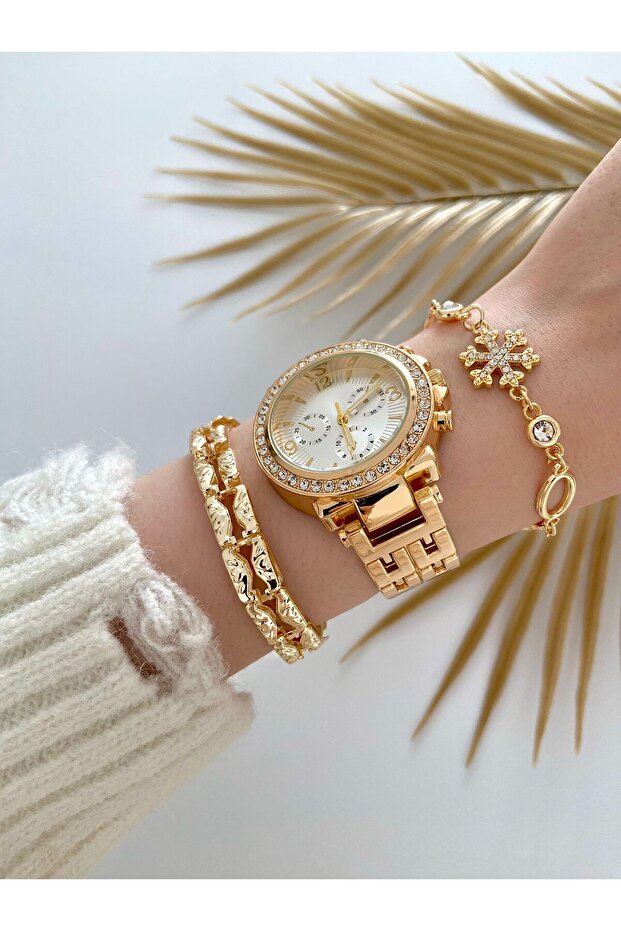 Montre femme Arzu Boutique avec bracelet en métal doré et ensemble bracelet assorti