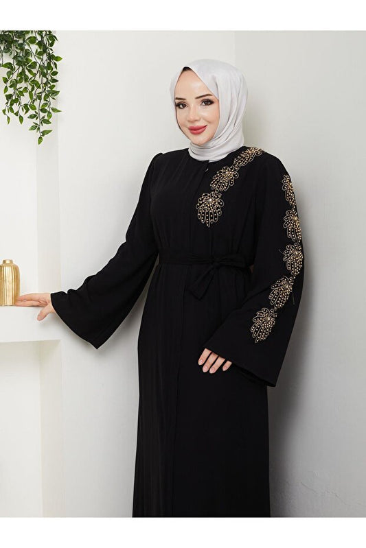 ABAYA ESLEMNUR  À MOTIFS DE PALMIERS ET ORNÉE DE PERLES JAUNES