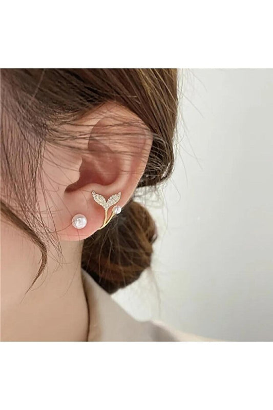 Boucles d'oreilles Toptanhanem  élégantes en forme de queue de poisson, ornées de perles et de zircon, plaquées or | Pour le quotidien, le sport et les occasions spéciales