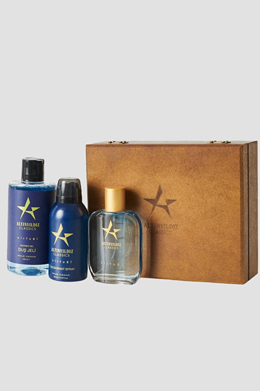 Coffret cadeau pour marié Altınyıldız Classics Men's AC Virtual : parfum-déodorant EDP 100 ml, gel douche 150 ml et coffret en bois 400 ml.