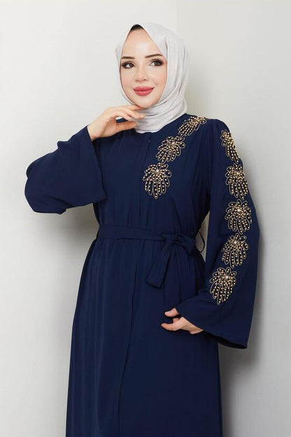 ABAYA  À MOTIFS DE PALMIERS ET ORNÉE DE PERLES JAUNES