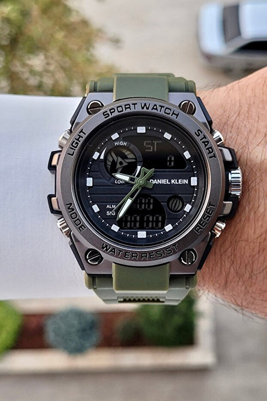 Montre homme Daniel Klein couleur kaki, analogique-numérique, avec emballage cadeau