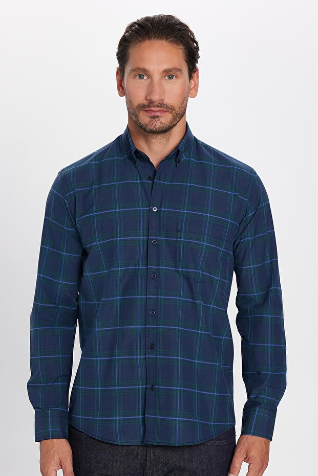 Chemise Tudors  pour homme, coupe classique, col boutonné, petits carreaux, en coton bleu marine