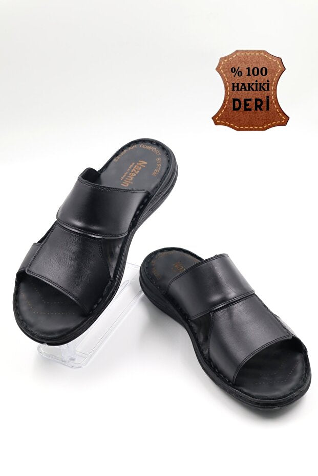 Chaussons  Fuspet pour hommes en cuir véritable noir à semelle souple