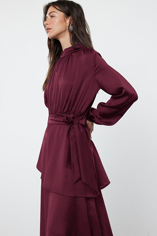 Trendyol Modest Burgundy Skirt Tiered Satin Woven Evening Dress Tctss24Db00050