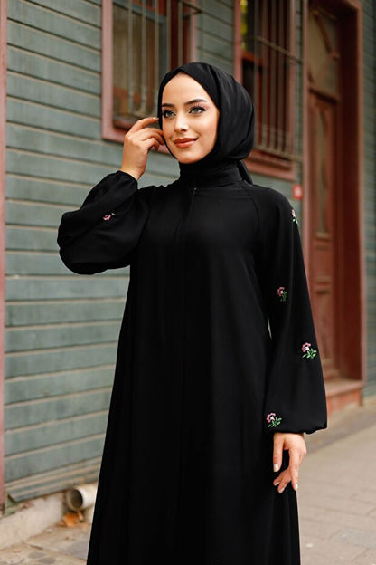 Abaya en soie noire Medina à motif floral pour femme MARQUANT  , avec fermeture éclair à boutonnière, ceinture et poches (style hijab)