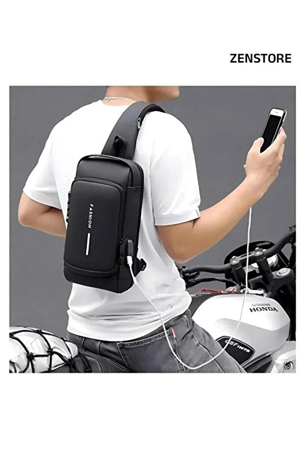 Sac bandoulière antivol noir générique , sac à dos de poitrine étanche avec port de chargement USB, sac à dos bandoulière