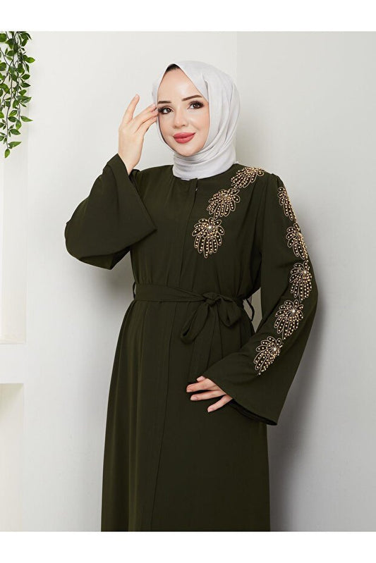 ABAYA ESLEMNUR  À MOTIFS DE PALMIERS ET ORNÉE DE PERLES JAUNES