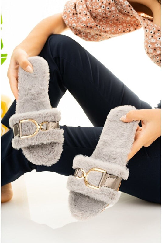 Pantoufles grises pour femmes Modafırsat , moelleuses et confortables, avec boucle en D, idéales pour la maison, comme cadeau de mariage, pour la période post-partum ou pour les invités.