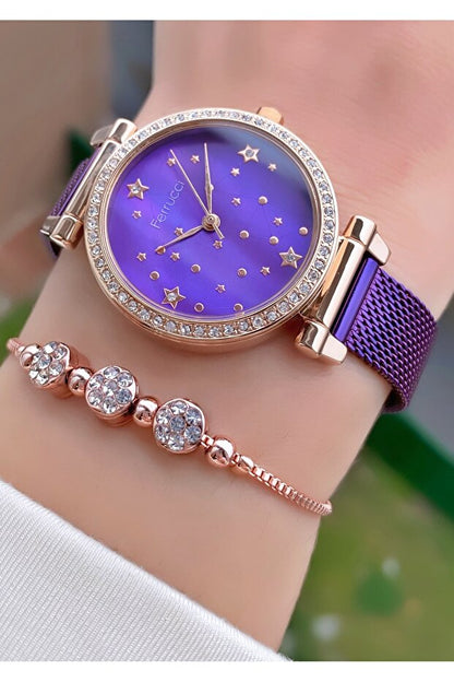 Montre femme Ferrucci , bracelet en acier violet, garantie 2 ans