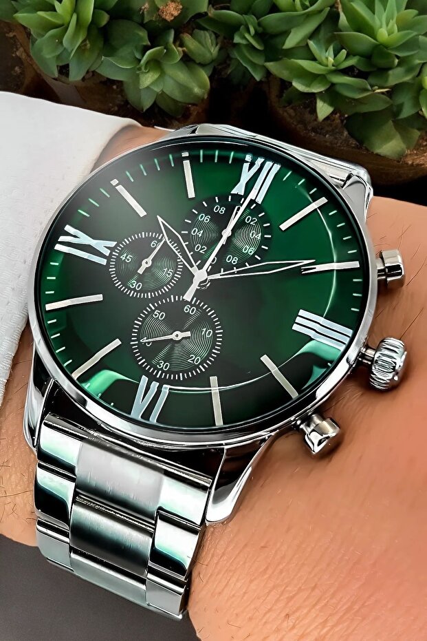 Montre homme sport ÇENÇEN,  cadran vert, bracelet argenté, boîtier bicolore en acier inoxydable avec revêtement IPC
