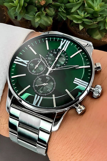 Montre homme sport ÇENÇEN,  cadran vert, bracelet argenté, boîtier bicolore en acier inoxydable avec revêtement IPC