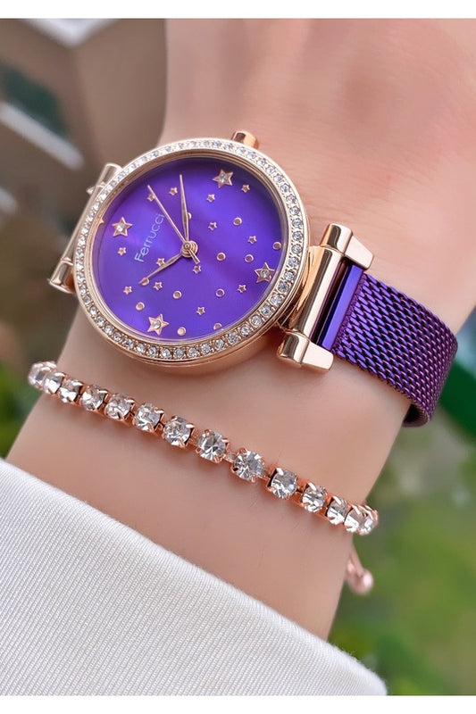 Montre femme Ferrucci , bracelet en acier violet, garantie 2 ans