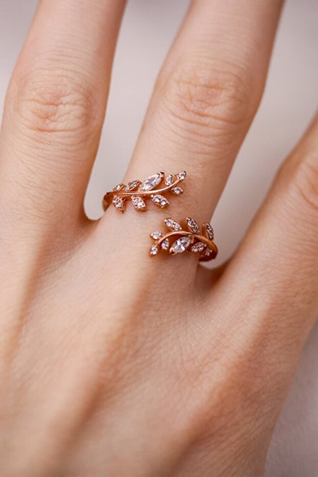 Bague pour femme Lotus Silver Acacia Flower Vine plaquée or rose 14 carats