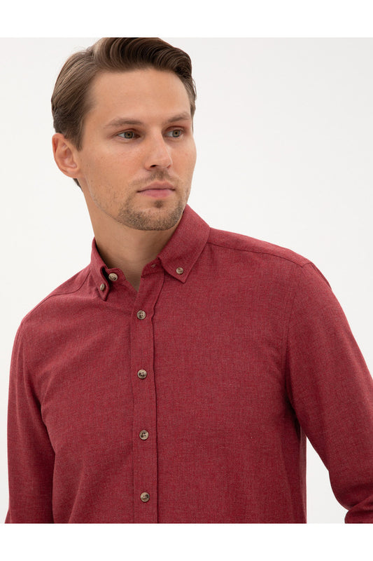 Chemise à manches longues Pierre Cardin en flanelle texturée marron, coupe ajustée, réf. 50316751-VR029