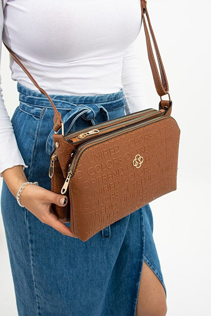 mugalas Tan Text Printed Three Compartment Water Repellent Shoulder Cross Strap Quality Bag