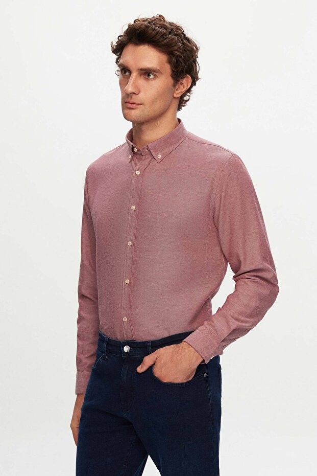 Chemise en coton rouge texturée à col boutonné, coupe slim Damat de D'S