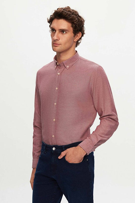 Chemise en coton rouge texturée à col boutonné, coupe slim Damat de D'S