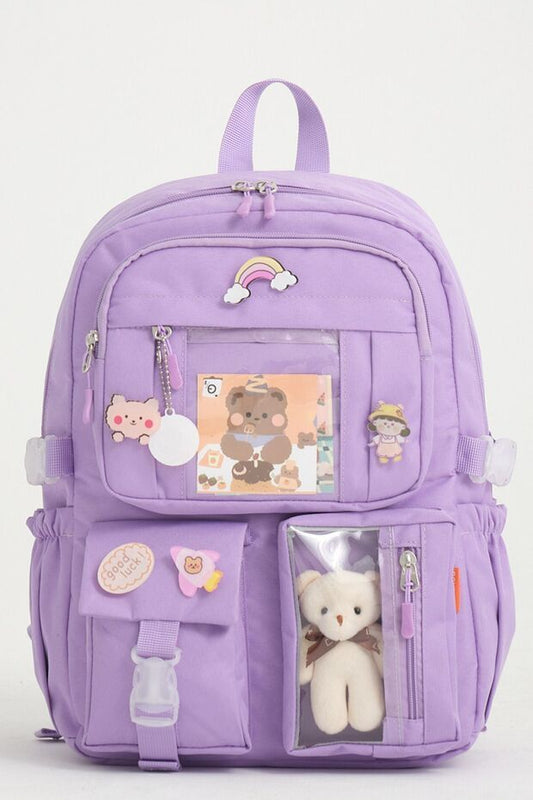Sac à dos scolaire Roxbros  Kawaii style coréen avec accessoires pour filles et garçons, lilas