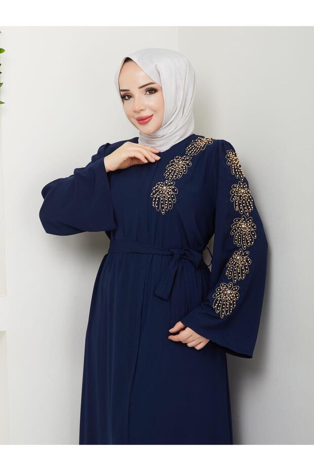 ABAYA  À MOTIFS DE PALMIERS ET ORNÉE DE PERLES JAUNES