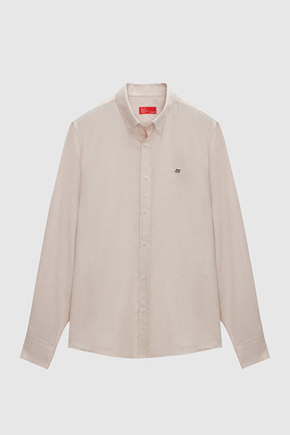 Chemise en coton brodé beige Oxford coupe slim D'S Damat, col boutonné, facile à repasser