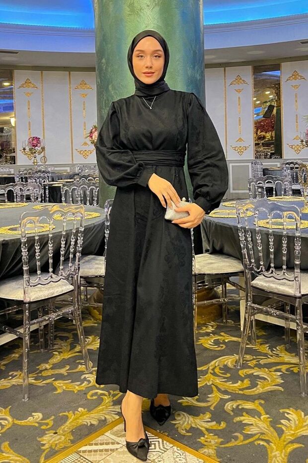 Robe de soirée authentique Ceylan en jacquard noir