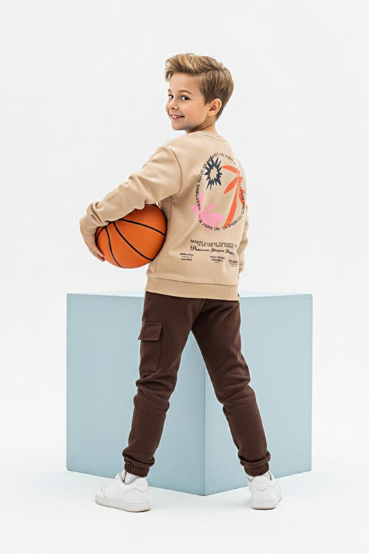 TRENDYOLKIDS Ensemble haut et bas en maille classique beige pour garçon, en coton imprimé avec slogan Tkdaw26Au00047
