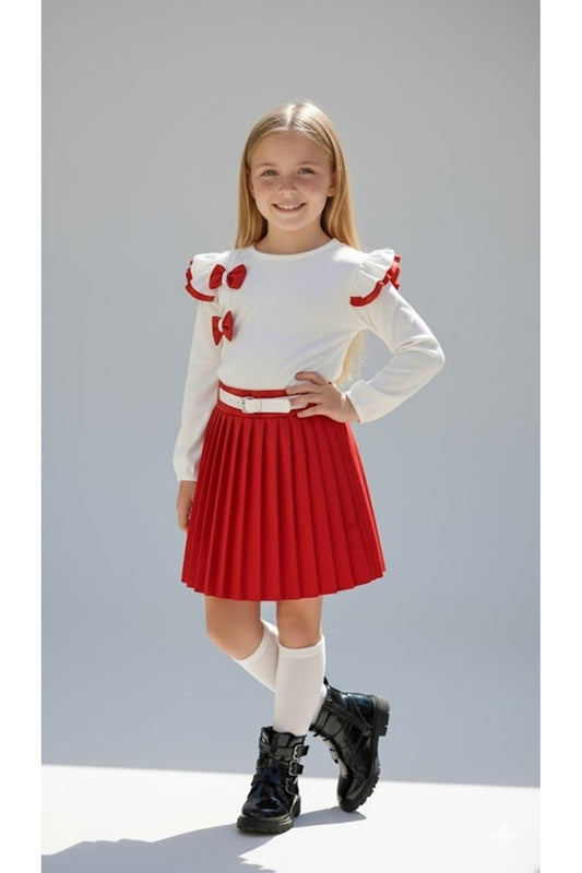 Ensemble deux pièces rouge et blanc pour filles EFLINS avec jupe en cuir, collection Noël (2-3-4-5-6-7-8-9 ans)