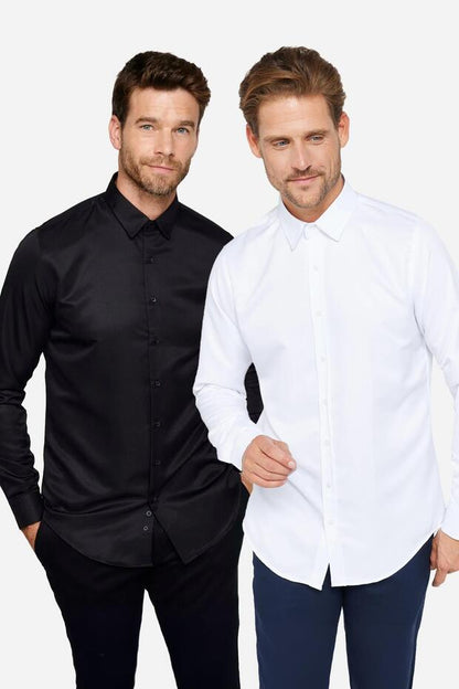Lot de 2 chemises Tudors  noires et blanches, coupe ajustée, repassage facile, tissu respirant et absorbant la transpiration, quatre saisons, pour homme