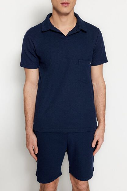 Ensemble de survêtement Trendyol Collection  bleu marine, coupe classique, col polo texturé, étiquette, référence Tmnss23Em00003