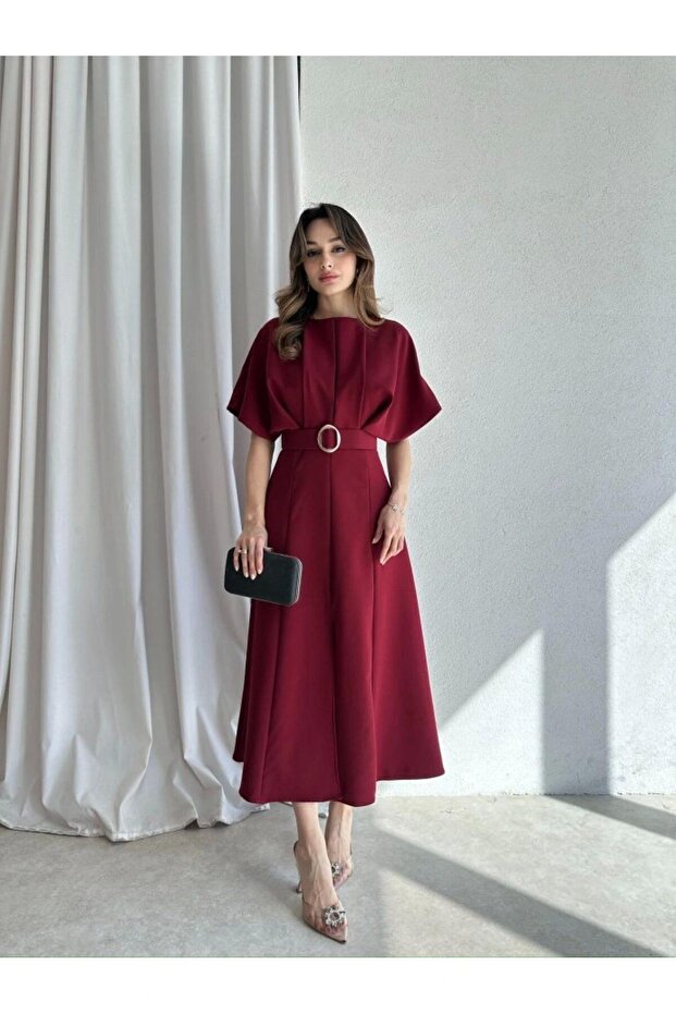 Modisma Belt Detail Midi Dress Burgundy Color Dress