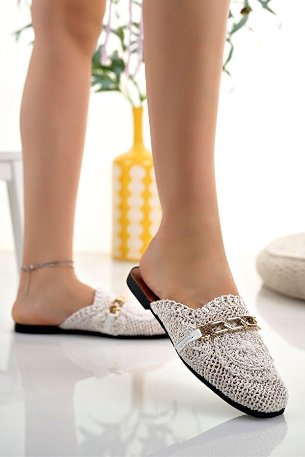 Pantoufles tissées à bout fermé pour femmes Modafırsat , couleur beige, en dentelle tricotée brodée, pantoufles de mariée et de tous les jours