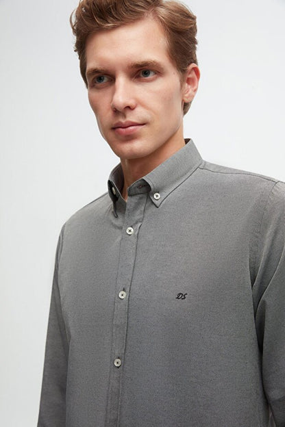 Chemise en coton brodé D'S Damat  Slim Fit Anthracite Oxford à col boutonné, facile à repasser
