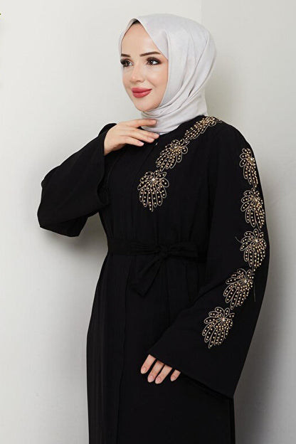 ABAYA ESLEMNUR  À MOTIFS DE PALMIERS ET ORNÉE DE PERLES JAUNES