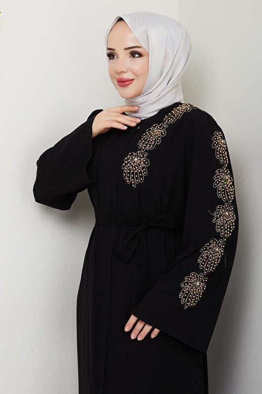 ABAYA ESLEMNUR  À MOTIFS DE PALMIERS ET ORNÉE DE PERLES JAUNES