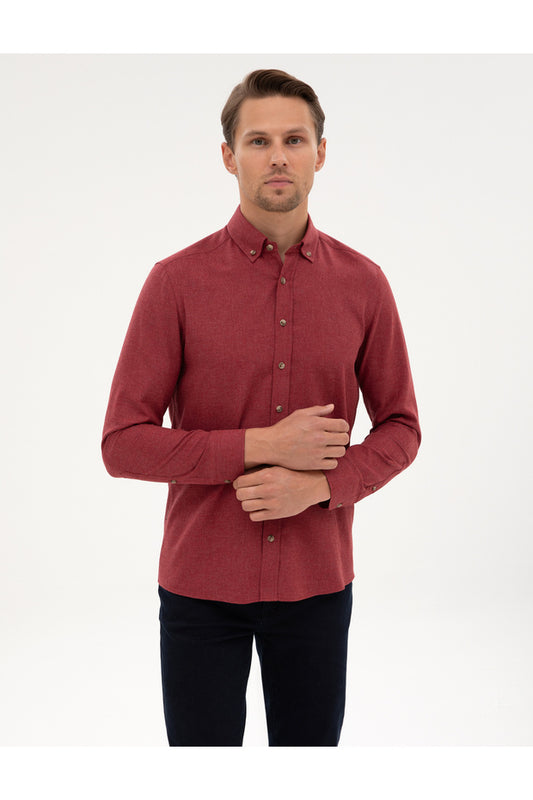Chemise à manches longues Pierre Cardin en flanelle texturée marron, coupe ajustée, réf. 50316751-VR029