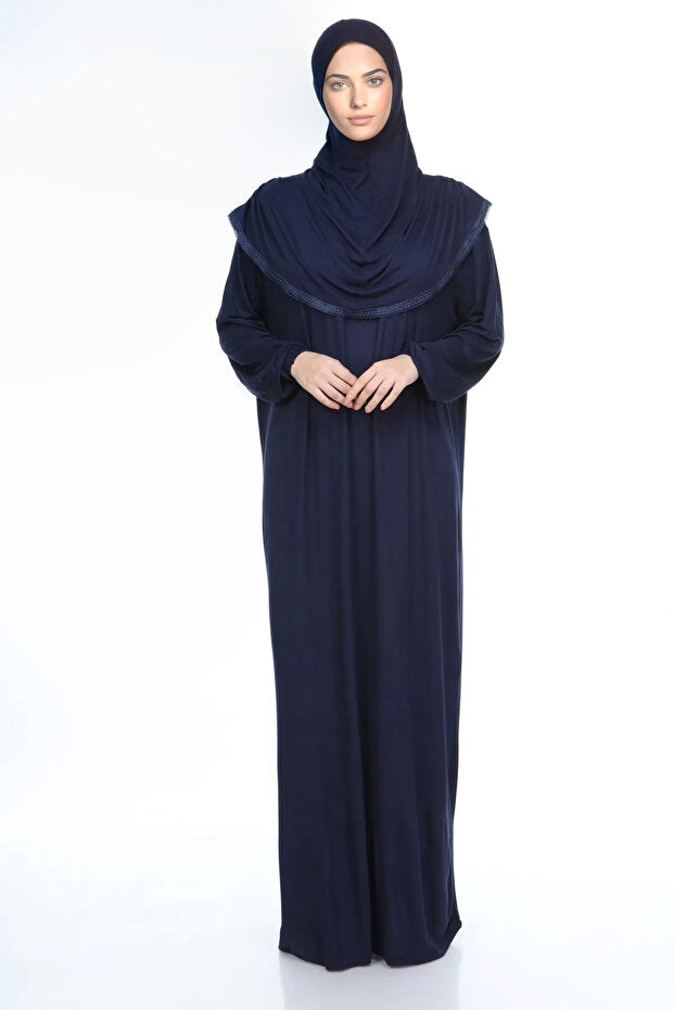 Robe de prière hijab en coton noir avec dentelle, collection automne  , en jersey une pièce.