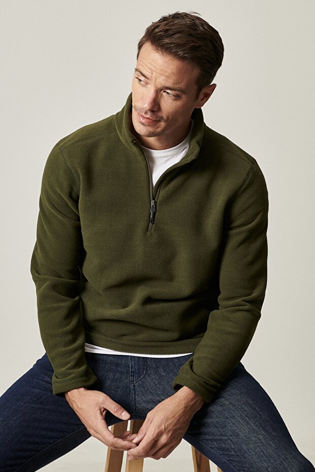Sweat-shirt polaire AC&Co / Altınyıldız Classics  pour homme, kaki, anti-boulochage, coupe standard, col montant, résistant au froid