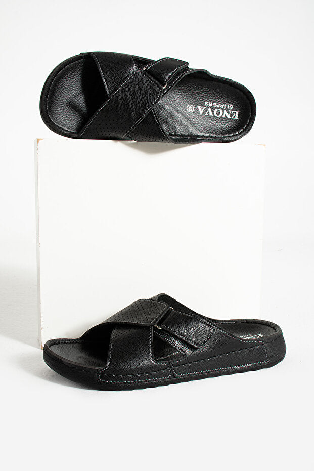 Pantoufles Enova  Birrbazaar pour hommes, semelle orthopédique, fermeture velcro ajustable, élégantes, intérieur et extérieur en cuir (synthétique).