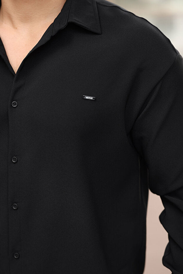 Chemise homme Plus1 demi-coupe oversize à manches longues, facile à repasser, en tissu double face respirant et absorbant la transpiration -801-Noir