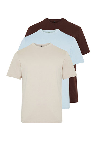 Ensemble de 3 t-shirts Trendyol Collection marron foncé, gris pierre et bleu clair, coupe ajustée, col rond, 100 % coton - Tmnss19Bo0007
