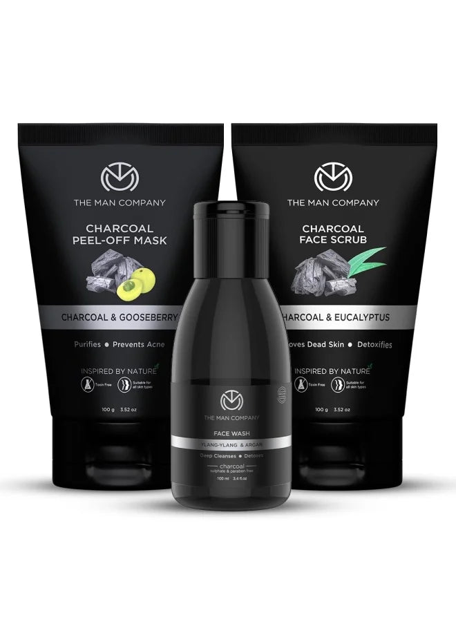 Coffret de soins visage au charbon The Man Company avec masque peel-off, nettoyant et gommage visage | Nourrit la peau, élimine le bronzage, illumine le teint - Coffret cadeau 3 pièces