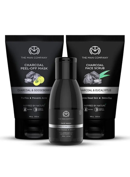 Coffret de soins visage au charbon The Man Company avec masque peel-off, nettoyant et gommage visage | Nourrit la peau, élimine le bronzage, illumine le teint - Coffret cadeau 3 pièces