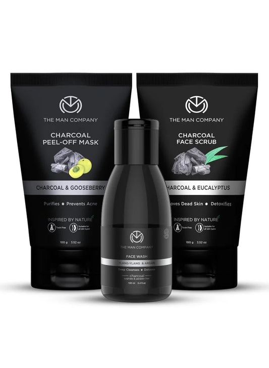 Coffret de soins visage au charbon The Man Company avec masque peel-off, nettoyant et gommage visage | Nourrit la peau, élimine le bronzage, illumine le teint - Coffret cadeau 3 pièces