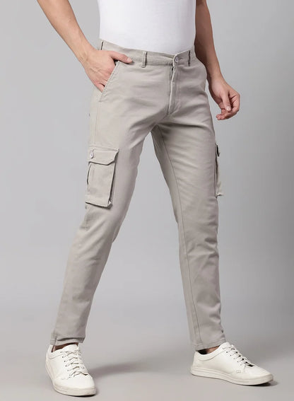 Pantalon cargo en coton gris clair pour homme, coupe fuselée