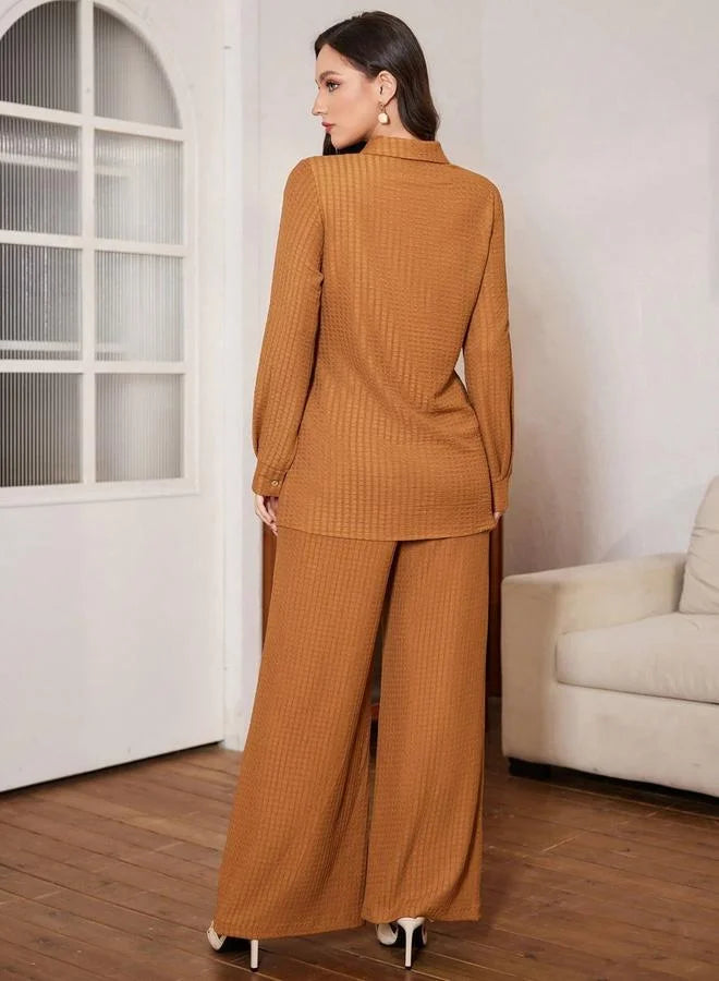 Ensemble chemise texturée marron café et pantalon large
