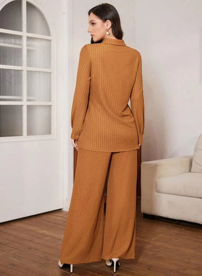 Ensemble chemise texturée marron café et pantalon large