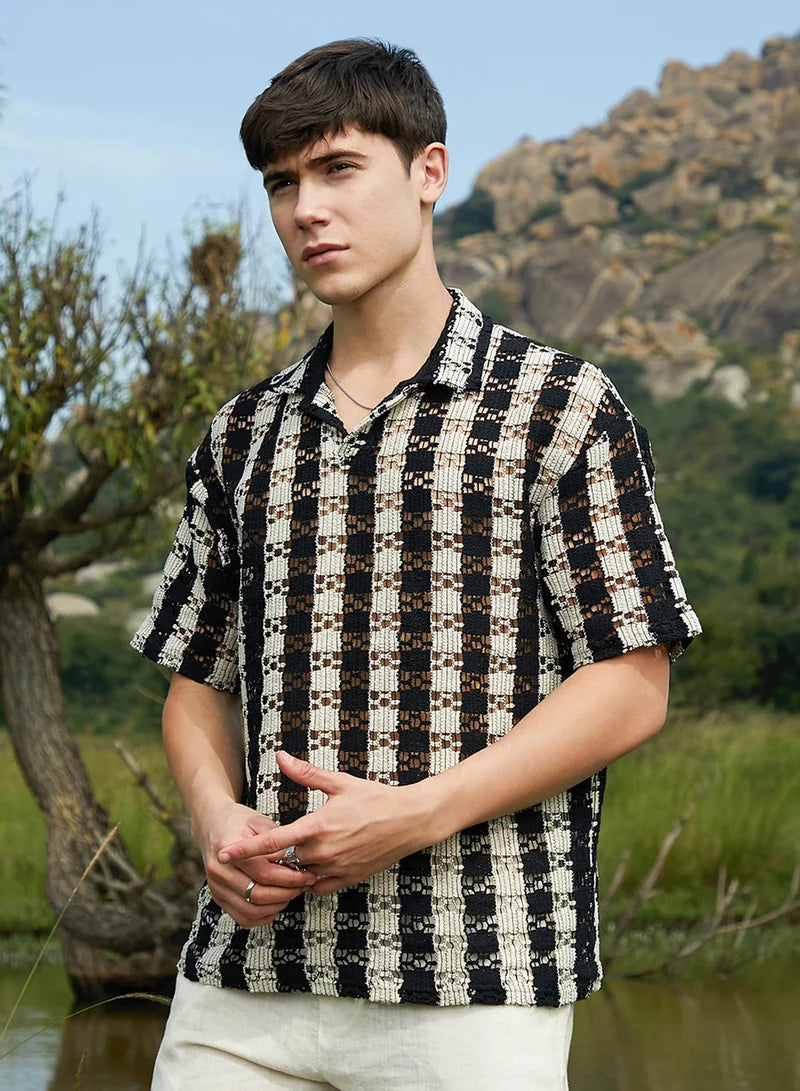 Men's Obsidian Black & Off-White Track-Stripe Oversized Polo T-Shirt